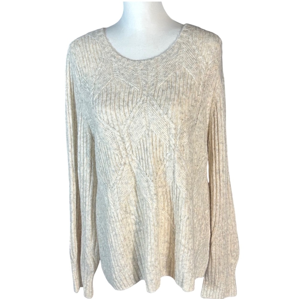 Talbots Sweater Women XL Oatmeal Diamond Cable Knit Ribbed Wool Blend Crewneck